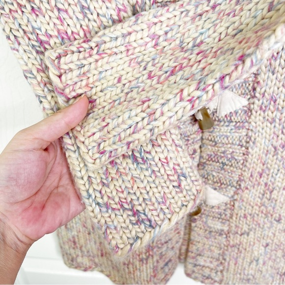 Kenji Multicolored Horn Buckle Hooded Heavyweight Midi Cardigan Sweater Womens M - Picture 6 of 9